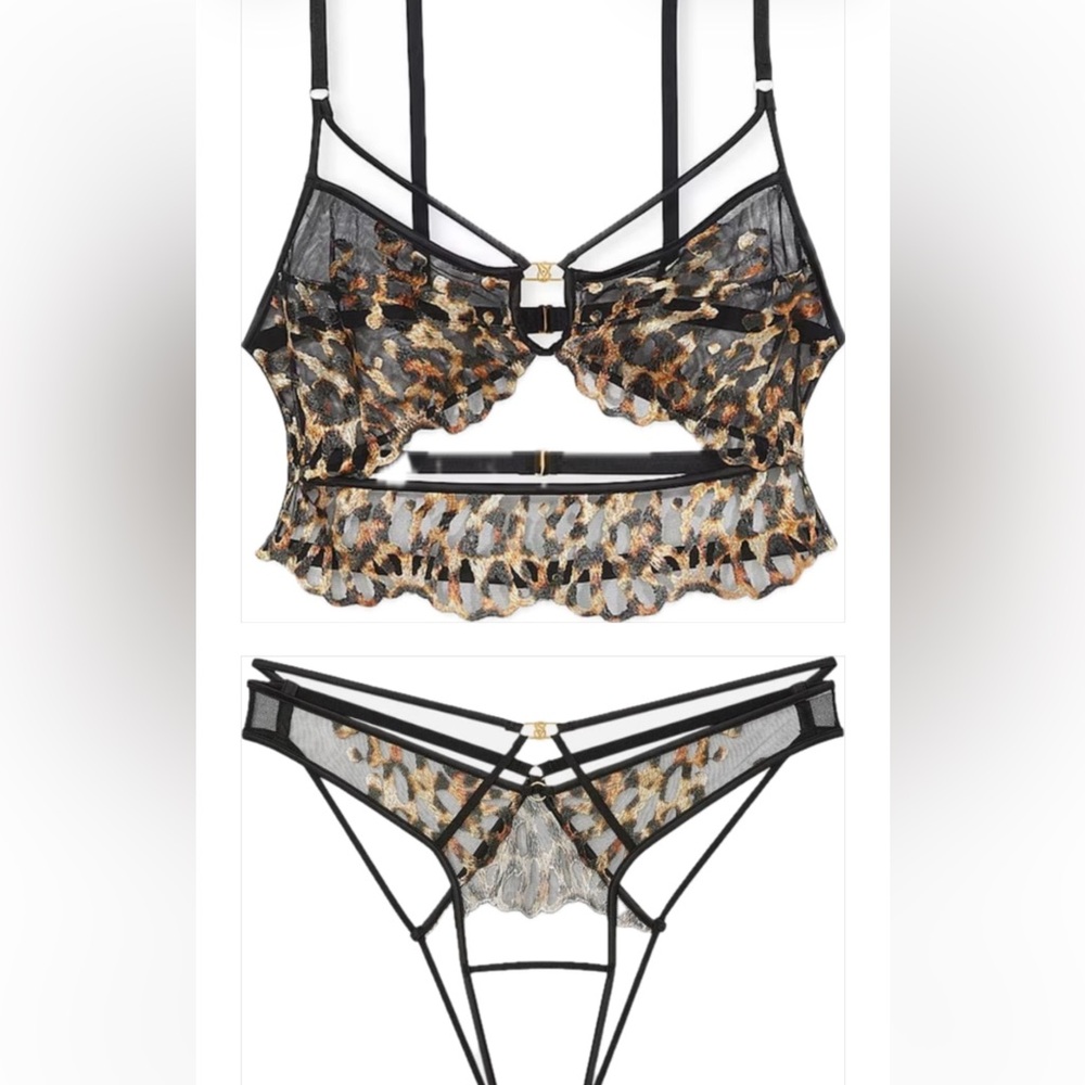 Very Sexy
Leopard Embroidery Strappy Bra Top Mesh Strappy Crotchless Panties SET